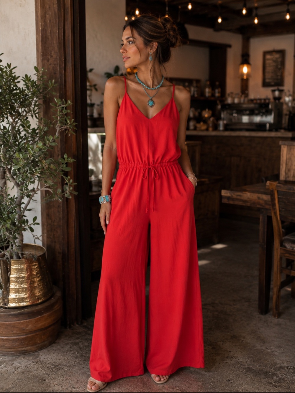 Red Wide-Leg V-Neck Jumpsuit with Drawstring Waist